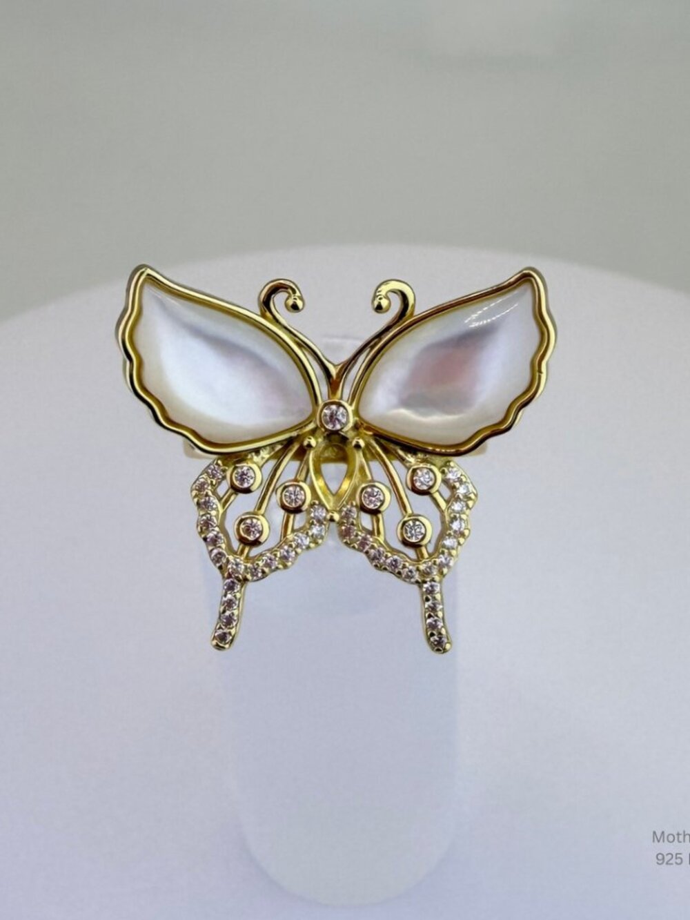 Handmade Jewelry Mother of Pearl Butterfly Ring 925 Gold Size 7 Resizable